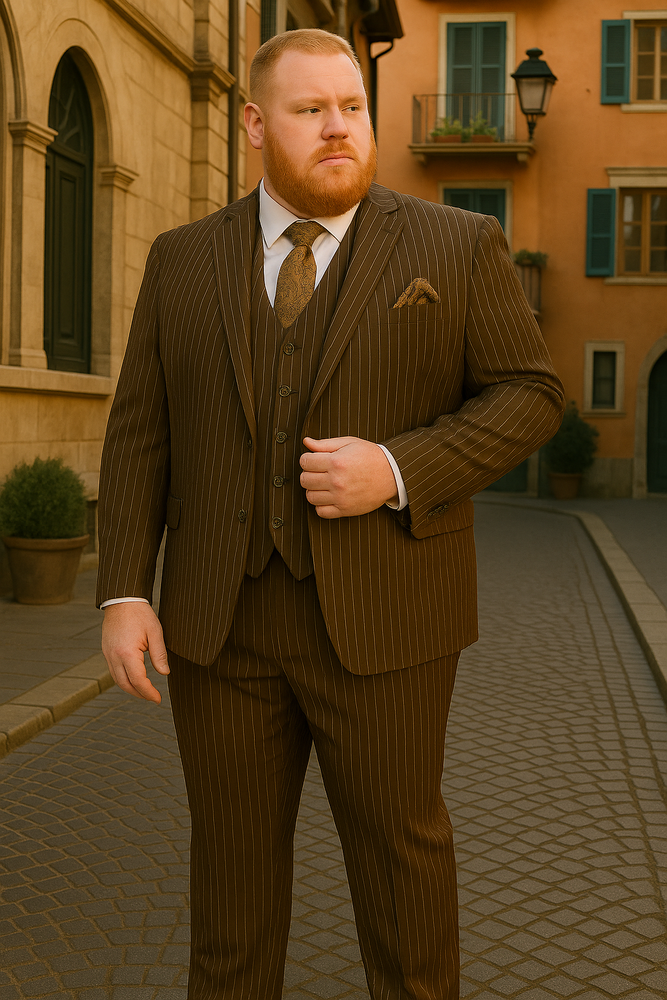 Men’s Brown Pinstripe 3-Piece Suit – Classic Fit Business Suit with Vest & Notch Lapel Blazer