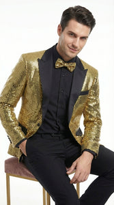 Mens Gold Sequin Blazer with Black Satin Lapel – Gold Formal Party Blazer Jacket for Prom, Wedding and Stage Events