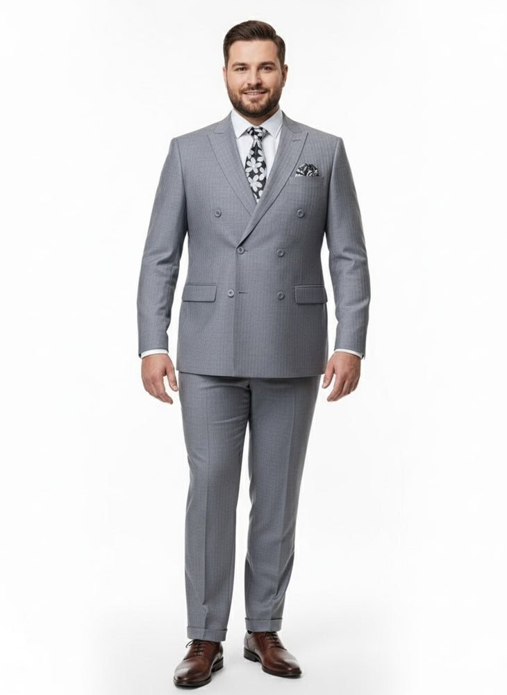 Mens Grey Tone on Tone Double-Breasted Suit – Classic Slim Fit 2 Piece Formal Business Gray Shadow Stripe