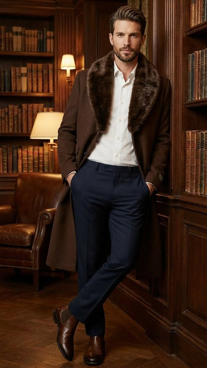 Men’s Brown Long Overcoat with Faux Fur Collar – Classic Winter Formal Coat Three Quarter Carcoat Wool and Cashmere Fabric