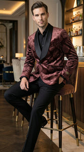 Mens Rust Copper Brick color Floral Jacquard Pasiley Blazer – Pattern Dinner Jacket with Black Shawl Lapel for Formal dinners and Wedding