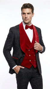 Men’s Black Paisley Tuxedo with Red Velvet Shawl Lapel – 3 Piece Wedding Prom Suit With Matching Bowtie