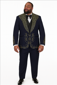 Men’s Navy Tuxedo with Gold Embroidery – Slim Fit Formal Dinner Jacket with Shawl Lapel