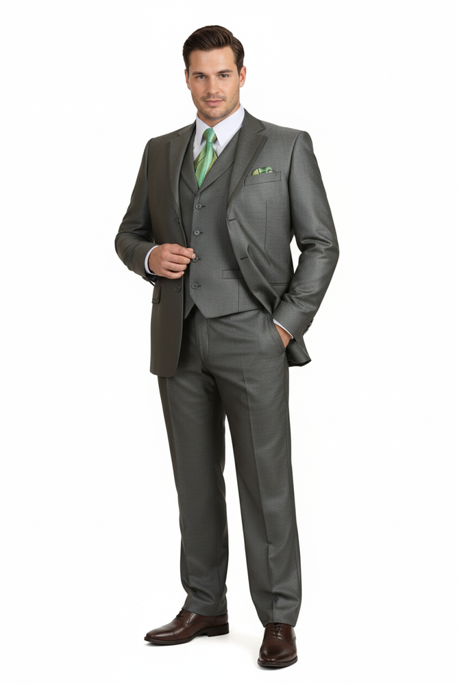 Men’s Olive Green 3-Piece Suit – Classic Fit with Vest and Tie Pleated Pants Three Buttons