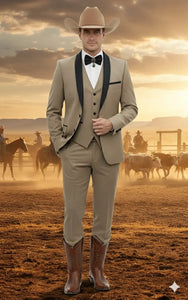 Men’s Western Cowboy Suit – 3-Piece Tan Tuxedo with Black Lapel, Vest, and Pants Beige  Color