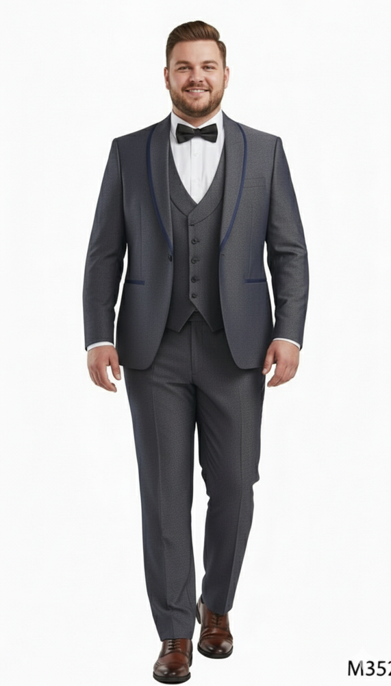 Men’s Charcoal Gray with blue Trim Slim Fit 3-Piece Suit – Modern Wedding and Business Formal Tuxedo Set