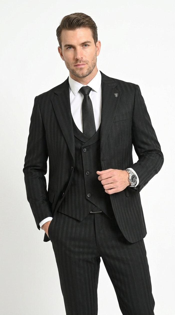 Men’s Black Tonal Shadow Pinstripe Vested Suit – 3 Piece Classic Fit Formal Wedding & Business Suit By Vitali