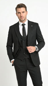 Men’s Black Tonal Shadow Pinstripe Vested Suit – 3 Piece Classic Fit Formal Wedding & Business Suit By Vitali