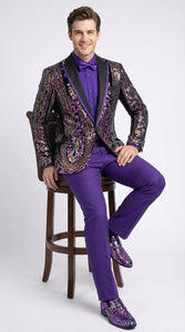 Mens Mardi Gra Black and Purple and Gold Sequin Tuxedo Jacket Set – Designer with Floral Pattern Jacket Formal Wedding Party Wear Bowtie