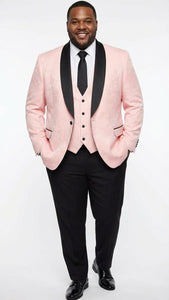 Men’s Blush Pink Tuxedo Suit Set with Black Shawl Lapel – 3 Piece Formal Wedding and Party Prom Vest + Black Pants