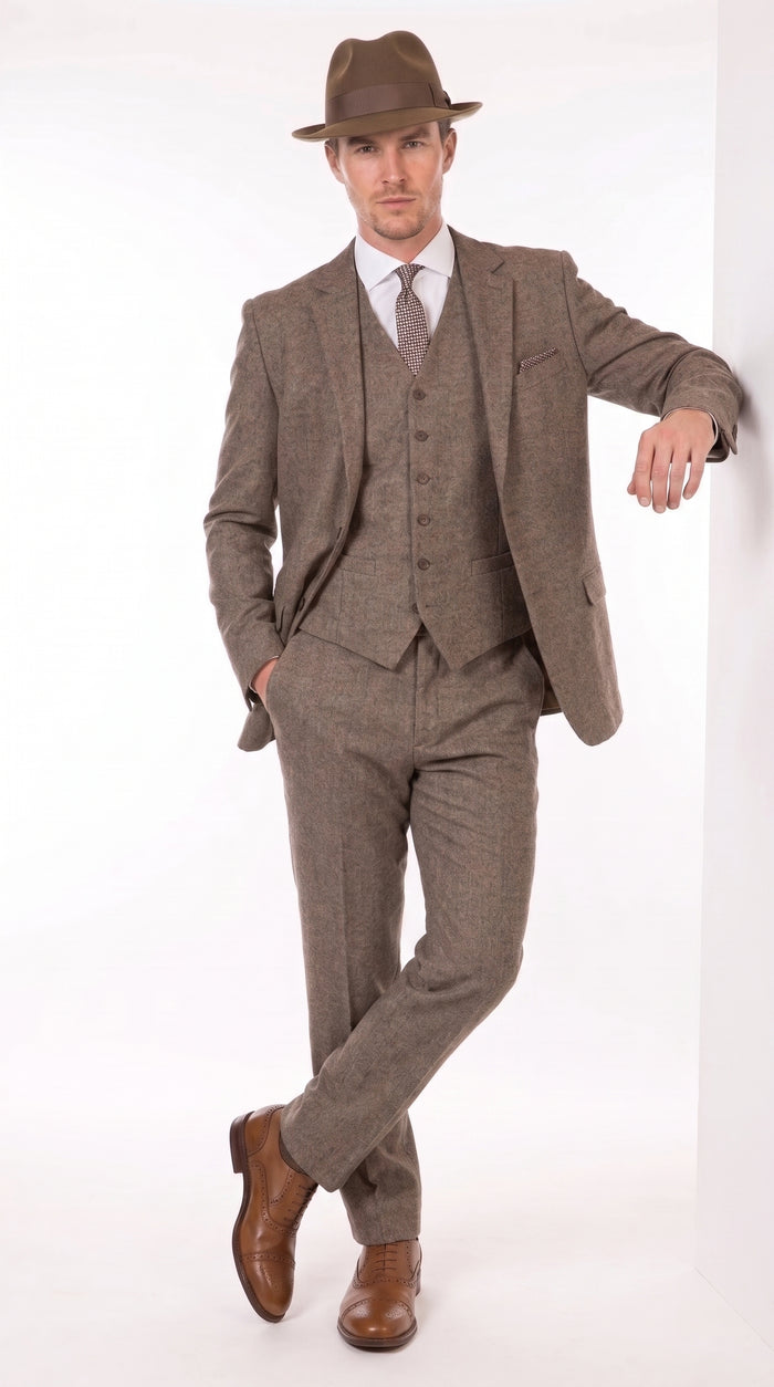 Men’s Brown Herringbone 3 Piece Suit – Vintage 1950s Inspired Tweed Vested Classic Suit