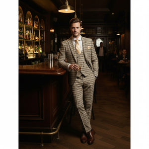 Men’s Beige and Navy Check 3-Piece Suit Set – Premium Tailored Fit Formal Wedding and Business Suit By Rossiman