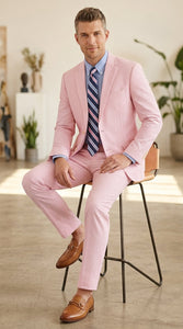 Men’s Pink Seersucker 2 Piece Suit, Lightweight Summer Dress Suit for Weddings, Prom, Parties, and Special Occasions