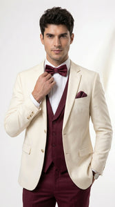 Men’s Cream Ivory and Burgundy 3 Piece Tuxedo Suit, Vested Formal Wedding Prom Dinner Suit in Cream Off White Color