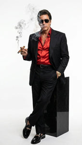 Tony Montana’s Black Blazer with Red Sateen Shirt – Men’s Black Formal Blazer and Red Satin Style Shirt Outfit for Party, Wedding and Vintage Wear