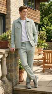 Mens Sage Green Walking Suit Set – Casual Safari Military Jacket and Pants Outfit for Travel
