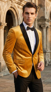 Men’s Velvet Gold Tuxedo Dinner Jacket – Black Shawl Lapel Wedding & Prom Blazer