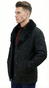 Men’s Black Sheepskin Leather Jacket Cowboy – Warm Faux Fur Collar Coat, Winter Long Jacket, Casual Western Style Outerwear