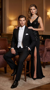 Men’s Black Victorian Tailcoat Tuxedo – 1800s 19th Century Edwardian Peak Lapel Formal Suit