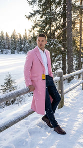 Men’s Pink Wool Blend Long Overcoat – Slim Fit Tailored Winter Coat - Carcoat - Topcoat
