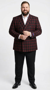 Men’s Black and Red Check Double Breasted Blazer – Sport Coat Jacket Windowpane Sportcoat Slim Fit