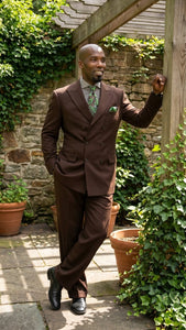 Men’s 6 on 3 Style Brown Double Breasted Suit with Wide Leg Pleated Pants, Classic Formal 2 Piece Dress Suit Set