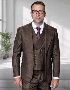 Mens Ticket Pocket Peak Lapel Double breasted Vest 100% Wool Tom Ford Style Modern Fit in Color "Brown" By Statement