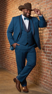 Men’s Teal Blue Western Tuxedo Suit, 3 Piece Cowboy Formal Wedding Prom Suit with Black Shawl Lapel Saphire