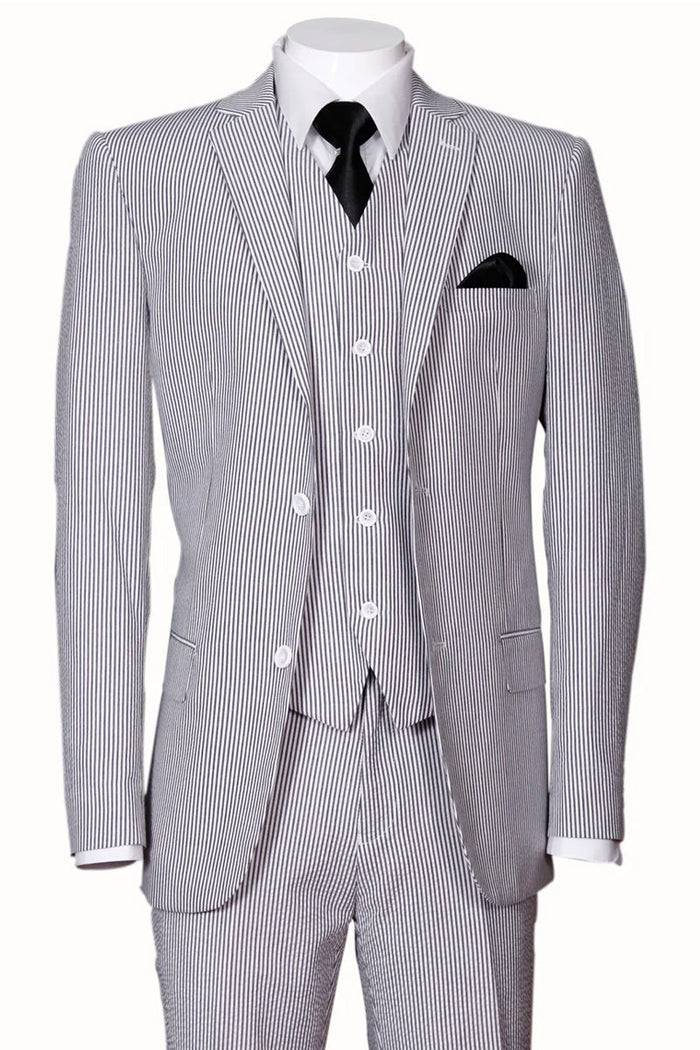 Mens 2 Button Jacket + Pants Summer Seersucker Suit in Black
