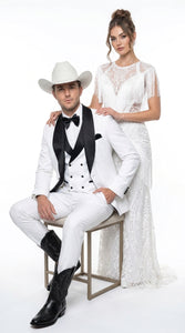Men’s White and Black Western Wedding Tuxedo – Cowboy Style 3-Piece Traje para Boda with Double-Breasted Vest