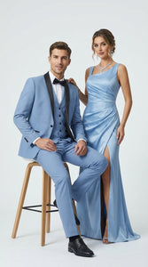 Men’s Powder Blue 3 Piece Tuxedo Suit – Light Blue Shawl Lapel Wedding Prom Suit with Vest