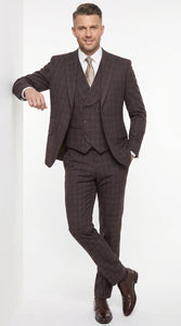 Men’s Vitali 3PC Suit – Choclate Brown and blue Plaid Check 3-Piece Suit with Double-Breasted Vest Modern Fit Side Vented