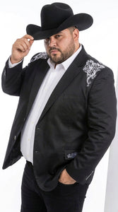 Men’s Black & White Western Blazer – Cowboy Sport Coat with Embroidered Shoulder & Back Design