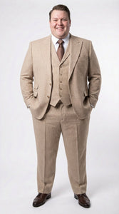 Men’s Beige tan Checkered Three Piece Suit with Classic Fit Wide Leg Pleated Pants by Rossiman khaki color