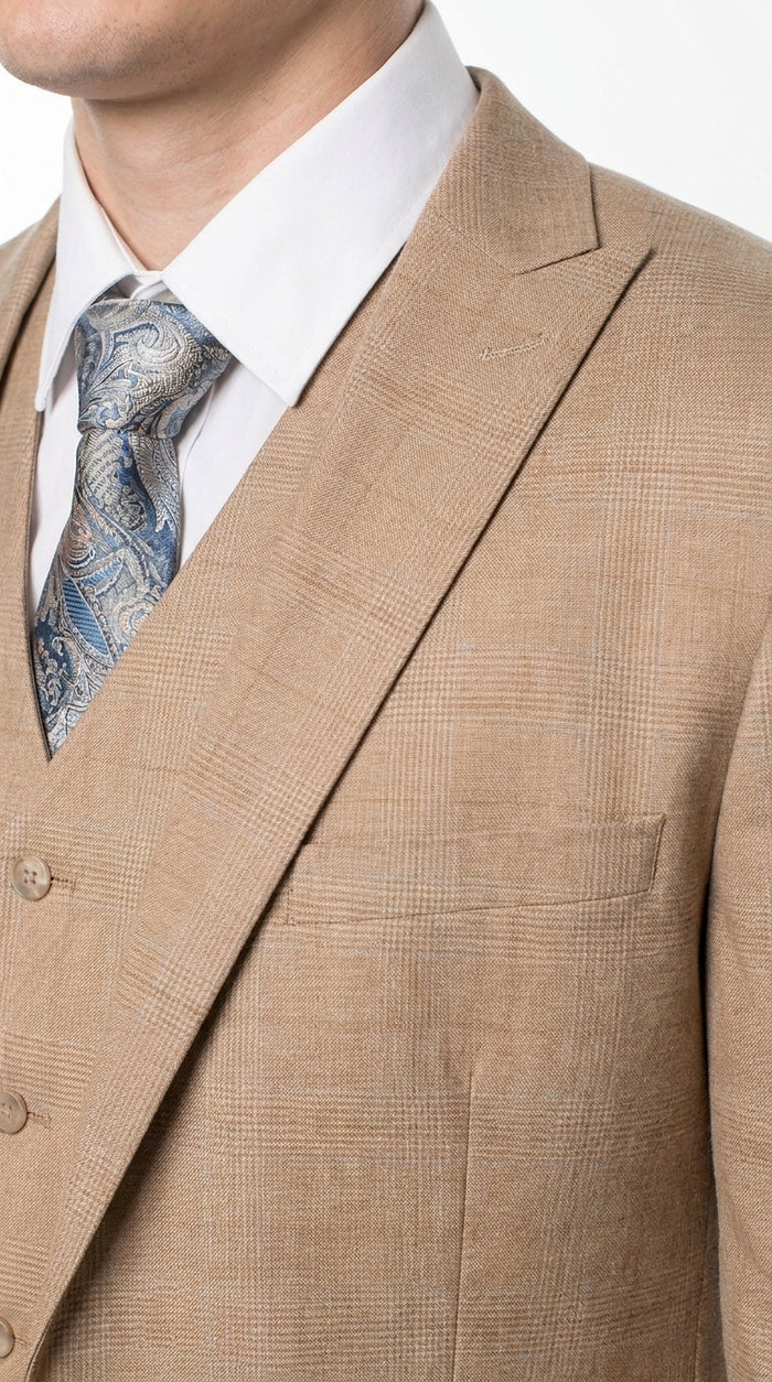 Men’s Khaki Tan Plaid Western Cowboy 3-Piece Suit – Texture Plaid windowpane Blazer, Vest & Pants