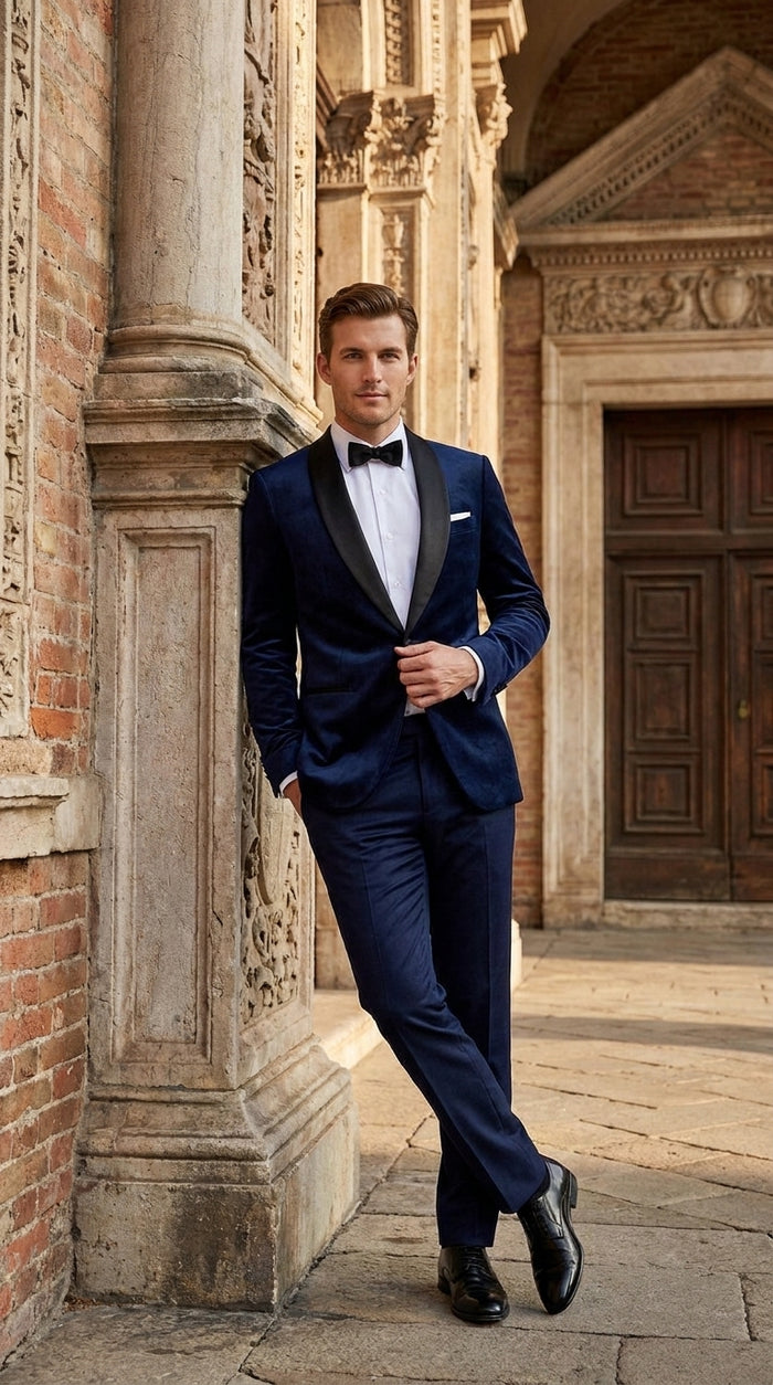 Men’s James Bond Inspired Navy Blue Tuxedo – Black Shawl Lapel Wedding & Prom Suit