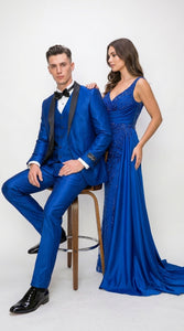 Men’s Shiny Royal Blue 3 Piece Tuxedo – Vested Wedding & Prom Suit with Black Shawl Lapel