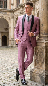 Men’s Shiny Mauve Pink 3 Piece Tuxedo – Wedding & Prom Suit with Black Shawl Lapel