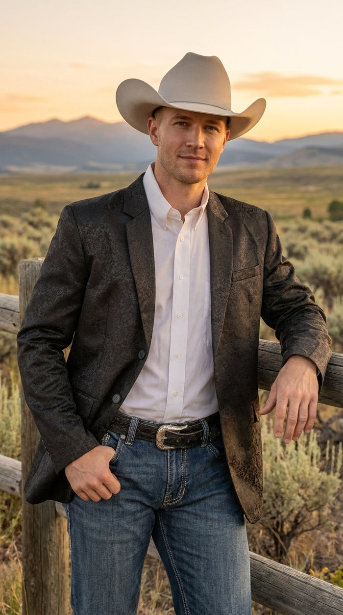 Men’s Black Western Paisley Blazer – Cowboy Jacquard Sport Coat