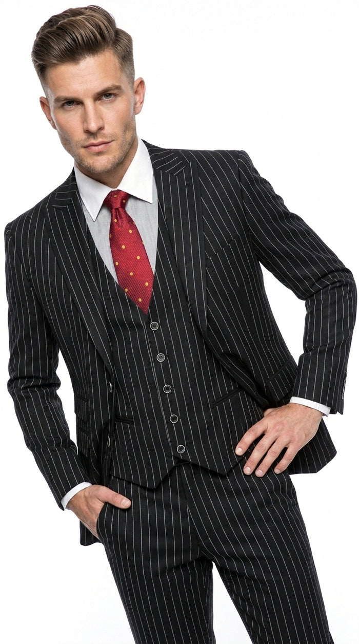 Men’s Gomez Addams Black Pinstripe 3 Piece Suit – Vintage Gangster Gothic Style Suit