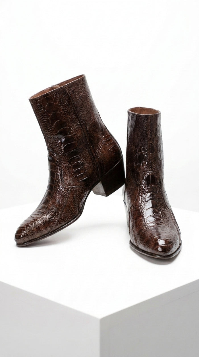 Men’s Brown Cuban Heel Boots – Exotic Ostrich Leg & Ostrich Quill Pointed Toe Dress Boots By Los Altos