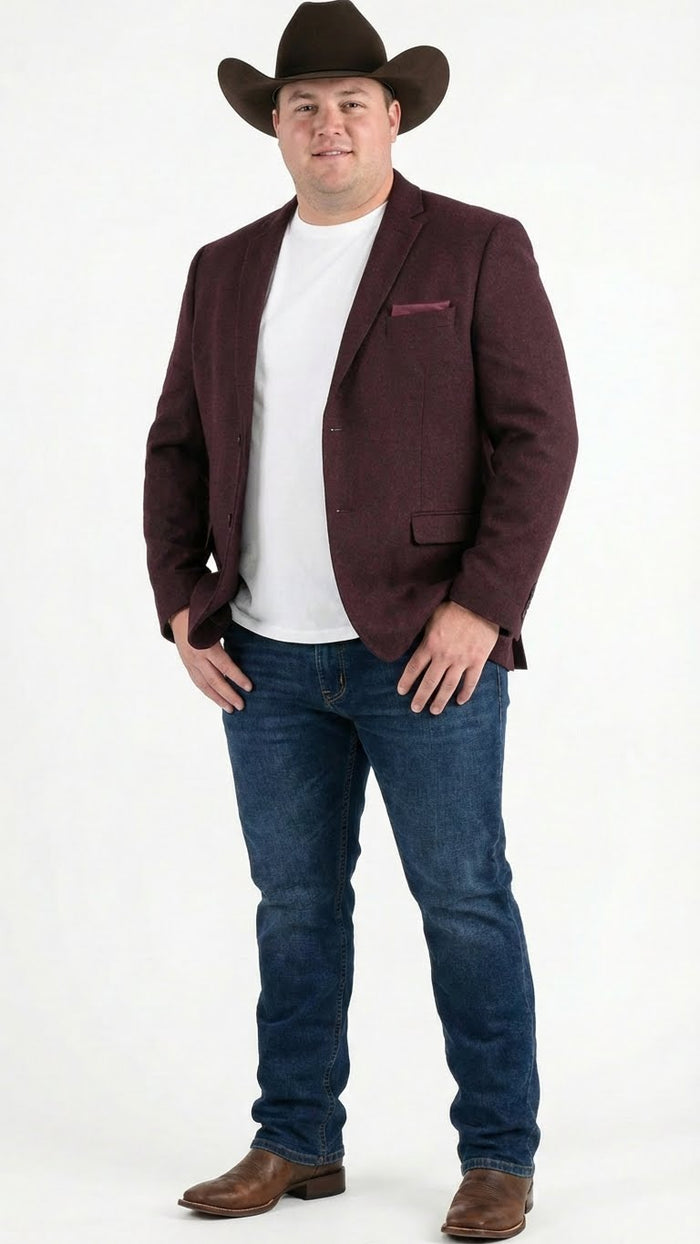 Men’s Burgundy Western  Blazer Jacket, Textured Cowboy Style Sport Coat for  - Tweed Herringbone Maroon Colo