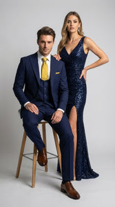 Mens Vitali 3 Piece Suit W/Scoop Vest Navy Blue 3-Piece Suit – Big Peak Lapel  Vest and Pants  Modern Fit Two Buttons