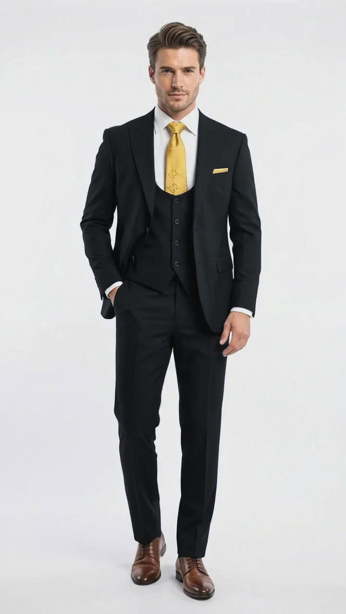 Vitali Men's Modern Fit 3-Piece Black Suit – 2-Button Jacket with Scoop Neck Vest