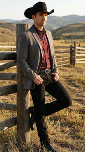 Men’s Charcoal Gray Western Faux Suede Blazer – Double Button Cowboy Jacket for Wedding & Party Wear