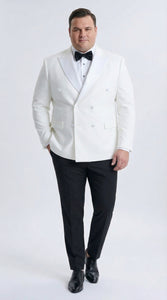 Men’s White Double Breasted Dinner Jacket Blazer with Black Pants – Formal Tuxedo Style Outfit for Weddings
