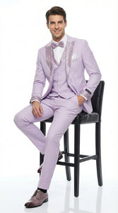 Men’s Lilac Suit with Silver Glitter Sequin Lapel – Lilac and Silver Formal Tuxedo Suit for Prom, Wedding  Lavender Tuxedo