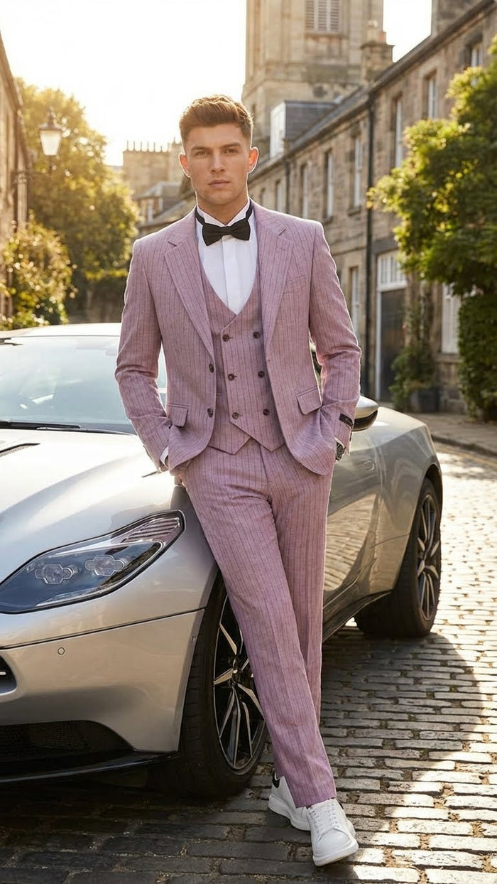Men’s Dusty Rose Pink Pinstripe Three Piece Suit with Vest | Wedding and Party Formal Wear Prom or Church Suit