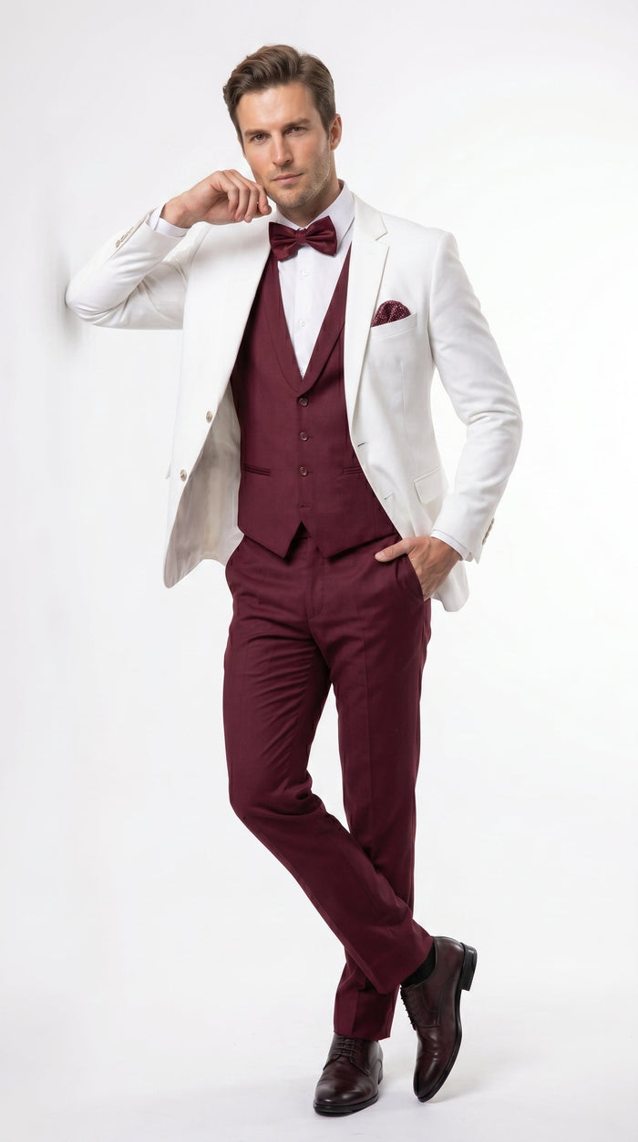 Men’s White and Burgundy 3 Piece Tuxedo Suit, Vested Formal Wedding Prom Dinner Suit Set bowtie included