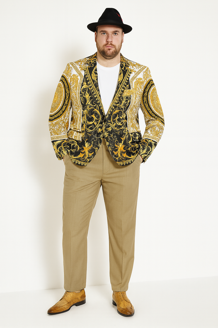 Men’s Black and Gold Baroque Blazer with Matching Pants, Hat, and Shoes – Luxury Party and Wedding Outfits Set